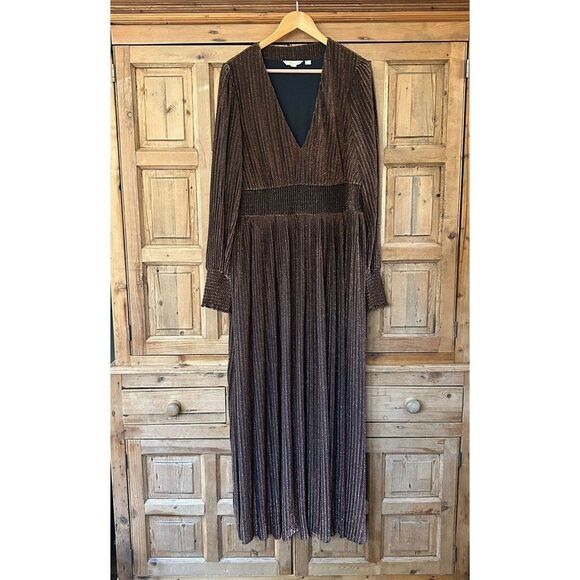 Boden 22 Regular Metallic Dress Maxi Black Gold Plus V-Neck Pleated Long Sleeve - Picture 2 of 15